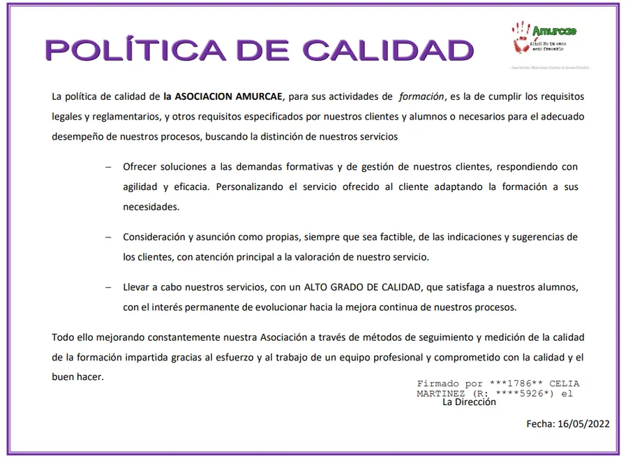 Documento de la Política de Calidad de AMURCAE, firmado en mayo de 2022